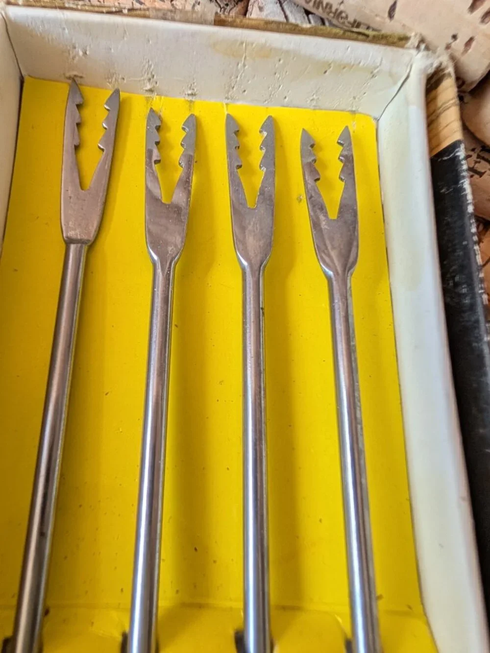 Vintage Fondue Forks Boxed Set – 4 Pc Mid‑Century Stainless Steel & Wood